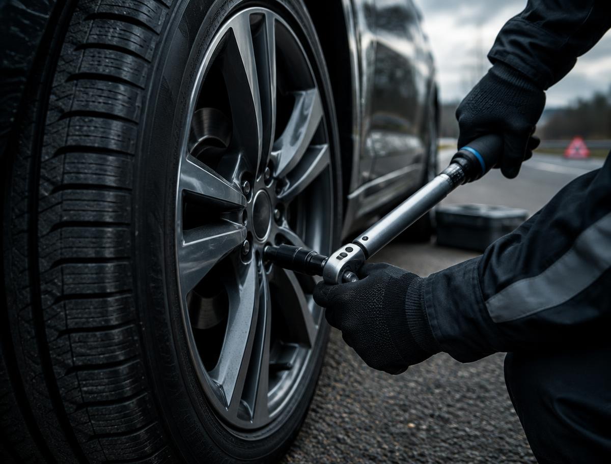 Technician fitting a car tyre at the roadside during a mobile tyre service in Glasgow